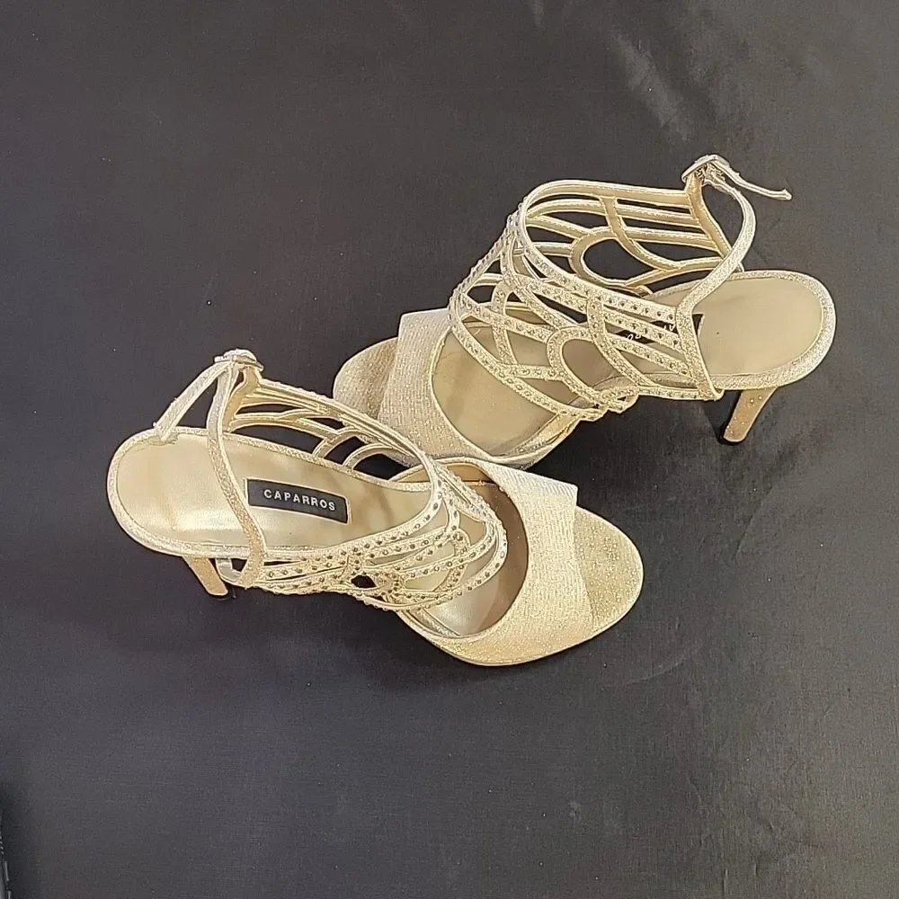 CAPARROS SILVER RHINESTONE EMBELLISHED PEEP TOE ANKLE STRAP HIGH HEEL SANDAL G1